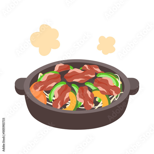 ジンギスカン。フラットなベクターイラスト。
Jingisukan (Japanese grilled mutton dish prepared on a convex metal skillet). Flat vector illustration.