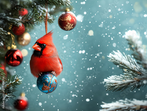 Festive Red Cardinal Hanging from Christmas Ornament