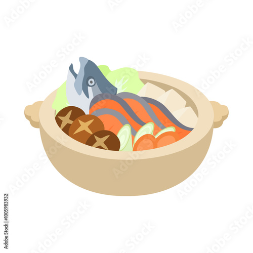石狩鍋。フラットなベクターイラスト。
Ishikari-style Salmon Miso Hot Pot. Flat vector illustration.
