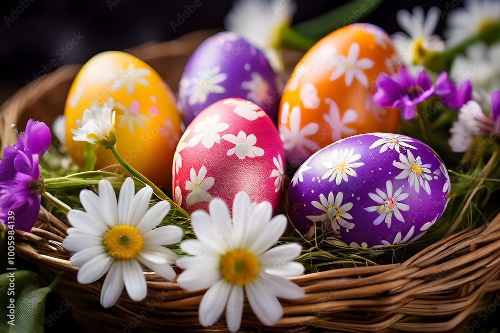 Fototapeta premium vibrant colored Easter eggs in a wicker basket