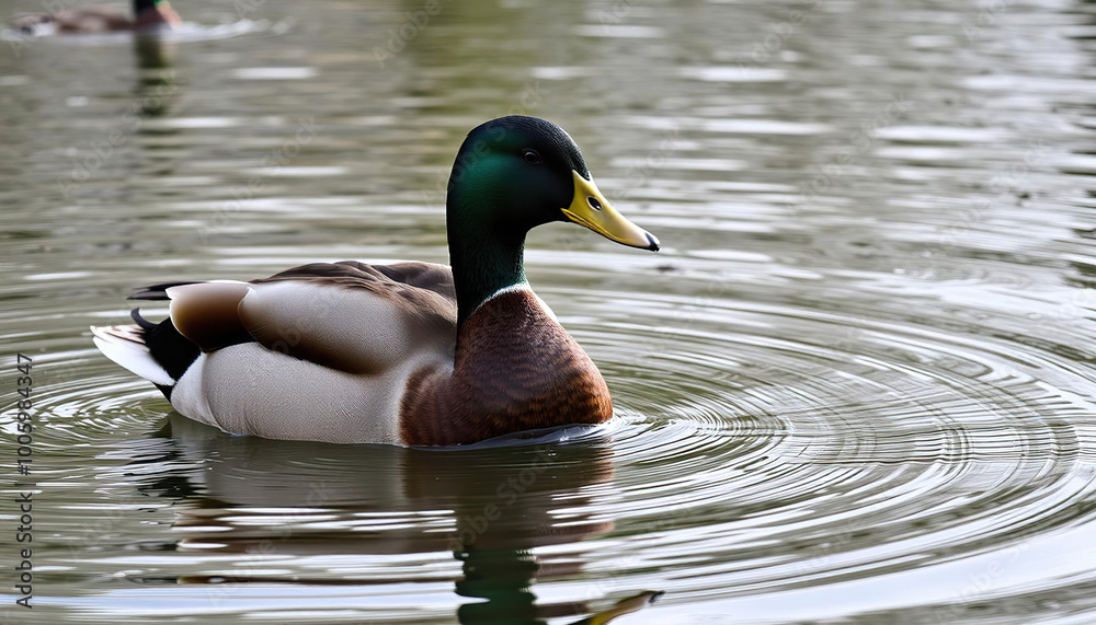 Fototapeta premium Single Duck Swimming in a Peaceful Pond