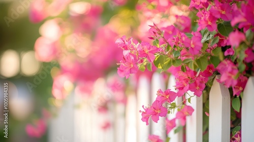 A vibrant display of pink bougainvillea flowers cascading over a white picket fence.