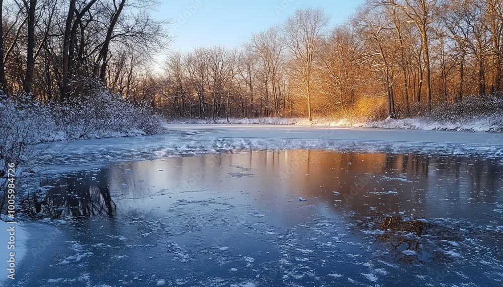 Scenic Winter Forest with Icy Reflections Under Blue Skies Scenic Winter Forest with Icy Reflections Under Blue Skies