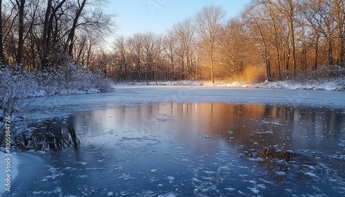 Scenic Winter Forest with Icy Reflections Under Blue Skies