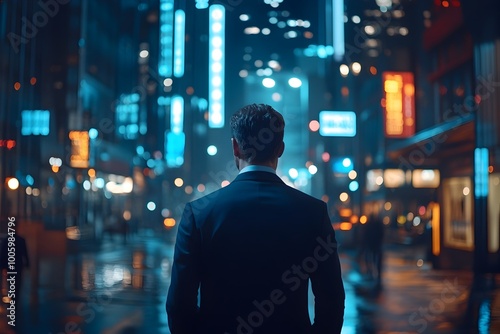 Silhouetted Business Leader Departing Corporate Office at Night