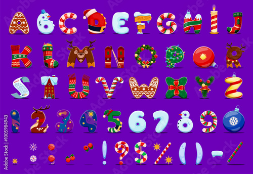 Merry Christmas font, xmas alphabet letters and numbers, cartoon winter holiday type, festive typeface decorated with snowmen, garlands, candy canes, and holiday decorations, baubles and characters