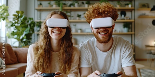 Smiling couple enjoying virtual reality gaming experience in a cozy living room setting, holding controllers and wearing VR headsets. photo