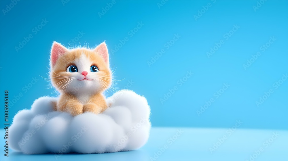 Fototapeta premium Cartoon Kitten on a Soft Cloud, A whimsical scene featuring a playful kitten lounging on a fluffy cloud, styled in soft pastel colors.