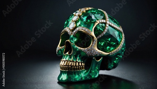 A human skull richly adorned with emeralds, gold, and diamonds.