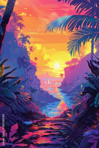 A colorful painting of a tropical forest with a sunset in the background. The mood of the painting is serene and peaceful