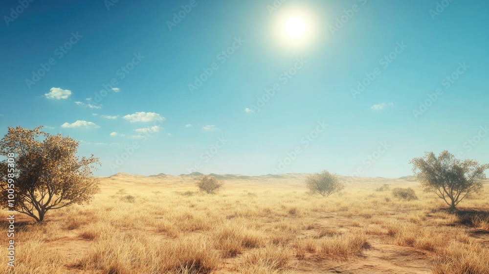 Fototapeta premium A panoramic view of an endless plain, with sparse trees dotting the landscape and the sun high in the sky.