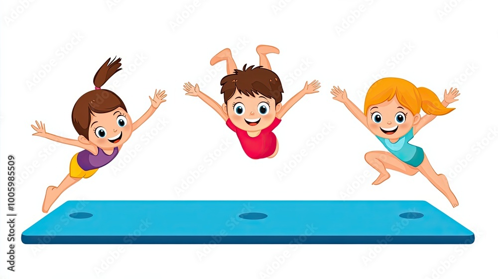 Three Children Jumping off a Blue Diving Board Three Children Jumping off a Blue Diving Board