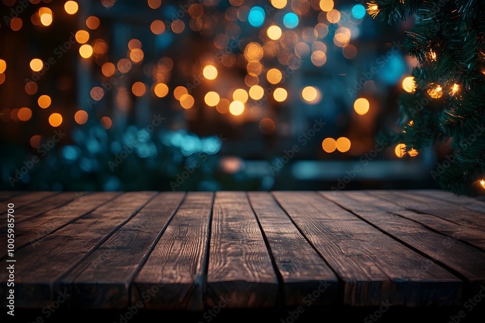 Festive Wooden Surface with Blurred Bokeh Lights for Christmas Product Presentation Festive Wooden Surface with Blurred Bokeh Lights for Christmas Product Presentation