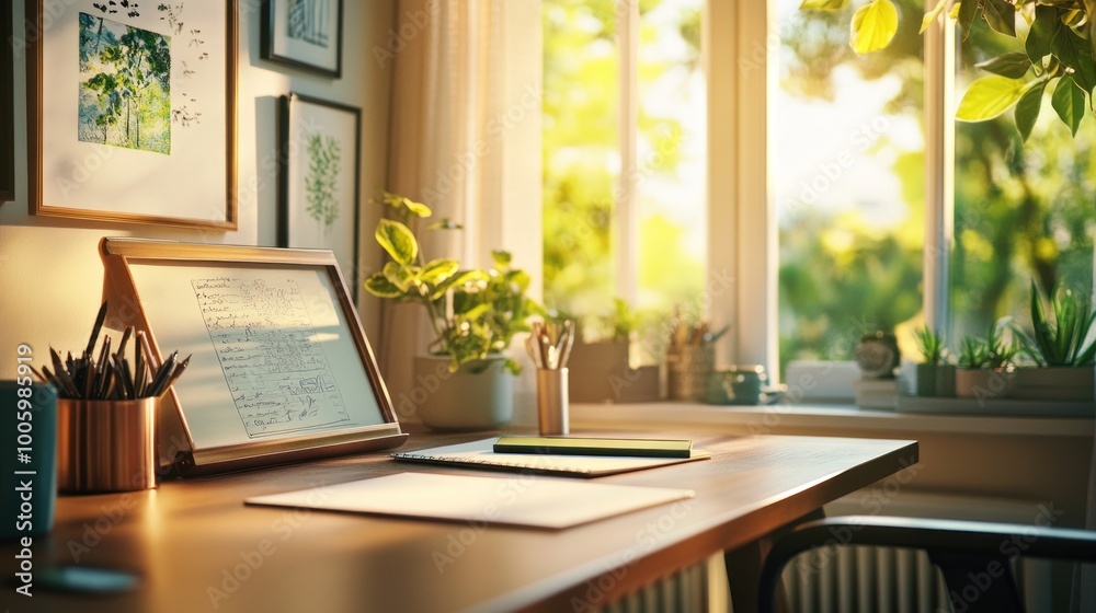 A sunlit workspace featuring plants, art, and stationery, ideal for creativity and productivity.