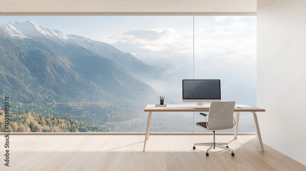 Fototapeta premium A modern workroom with a computer placed on a clean, organized desk.