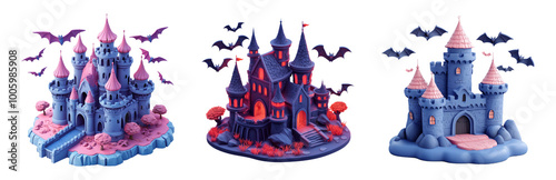 Colorful Fantasy Castles with Bats and Trees. 3D icons and objects collection, in cartoon style isolated on transparent background