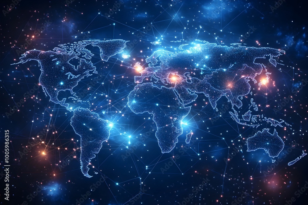 Obraz premium Globalized Virtual World Map with Connected Technology Digital Network and Cybersecurity System