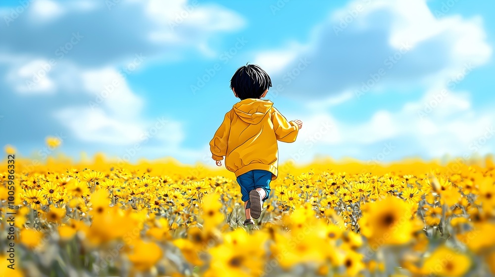 Joyful child sprinting through a vibrant field of colorful flowers, laughter echoing in a sunlit landscape filled with nature's beauty Joyful child sprinting through a vibrant field of colorful flowers, laughter echoing in a sunlit landscape filled with nature's beauty