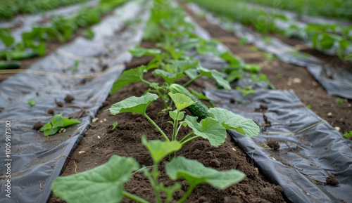 The vegetable field is covered with black plastic film, which covers the growing plants and sprouts of green vegetables such as cucumber