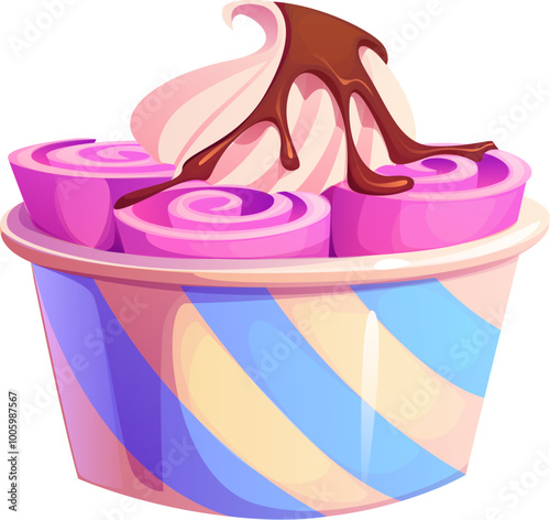 Cartoon thai ice cream. Isolated vector colorful cup of rolled icecream topped with whipped cream and chocolate syrup. Delicious street food dessert in Thailand, stir fried ice cream rolls basket