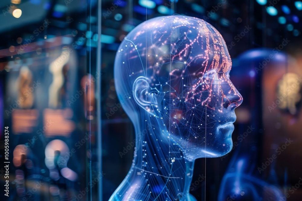 Exploring the intersection of technology and art with a glowing futuristic mannequin in a high-tech gallery environment. Generative AI Exploring the intersection of technology and art with a glowing futuristic mannequin in a high-tech gallery environment. Generative AI