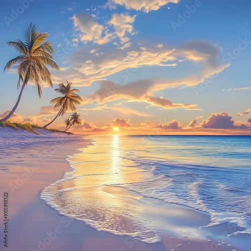 Serene Pastel Hued Tropical Beach Sunset with Swaying Palms and Glistening Tides  Idyllic island paradise with soft brushstrokes high dynamic range imaging and a tonalist style landscape photo