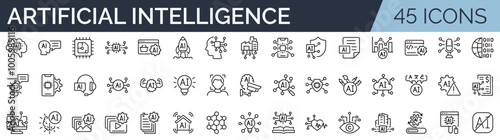 Set of 45 outline icons related to AI, artificial intelligence. Linear icon collection. Editable stroke. Vector illustration