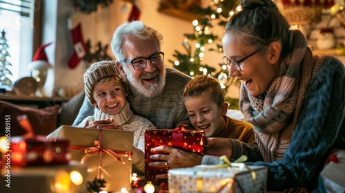 A family of four is gathered around a Christmas tree, opening presents photo