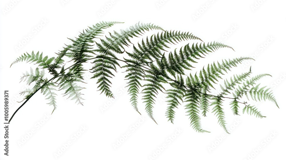 A green fern leaf displayed against a white background. A green fern leaf displayed against a white background.