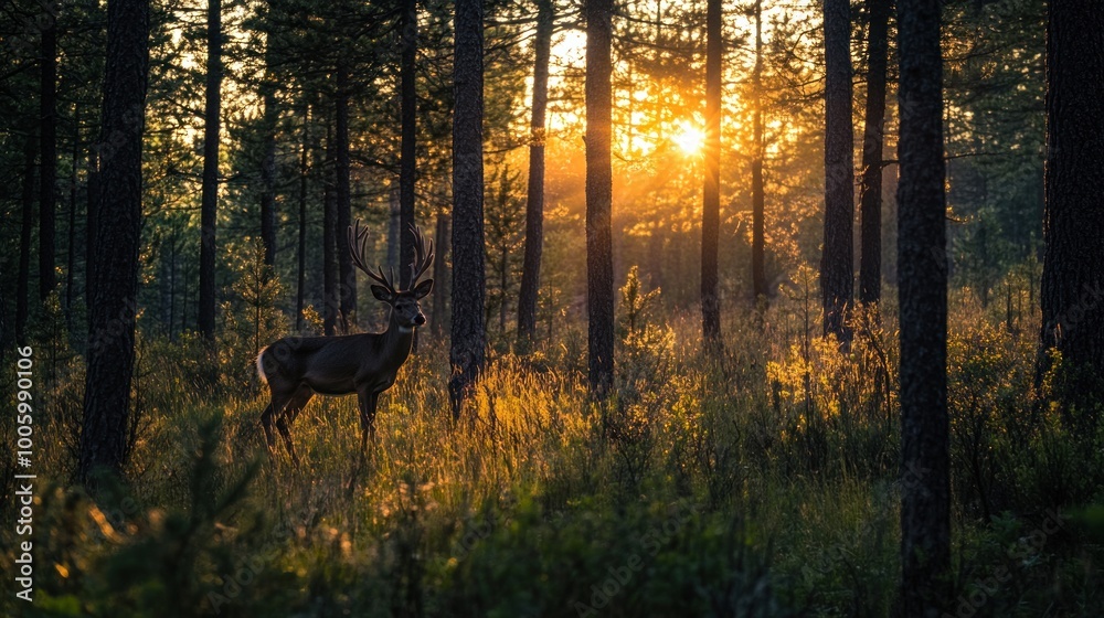 Fototapeta premium A deer stands in a sunlit forest, surrounded by trees and golden light.