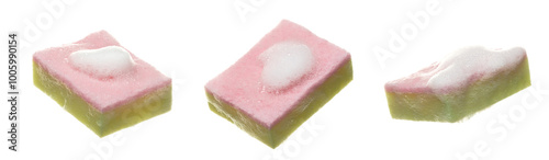 Pink Yellow Sponge with bubble foam on top fly in many angles. Sponge with bubble foam use to clean wash dirty area. White background isolated