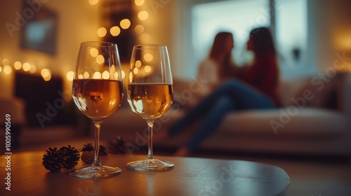 dating party scene with a table with glass of wine and two glasses of wine , there are two blurred figures of loving couple flirting sitting on sofa, soft focus, minimalist interior design