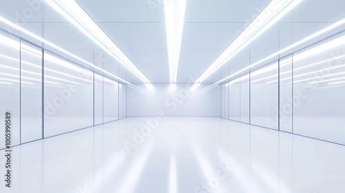 A sleek  modern interior space with bright lighting and reflective surfaces.