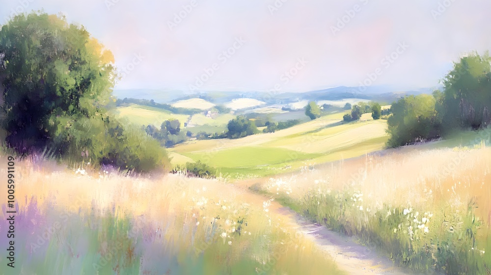 Enchanting Pastel Landscape of Rolling Hills and Lush Meadows in Radiant Soft Light Impressionistic Brushwork Creates a Serene and Contemplative Mood in This Idyllic Countryside Setting Enchanting Pastel Landscape of Rolling Hills and Lush Meadows in Radiant Soft Light Impressionistic Brushwork Creates a Serene and Contemplative Mood in This Idyllic Countryside Setting