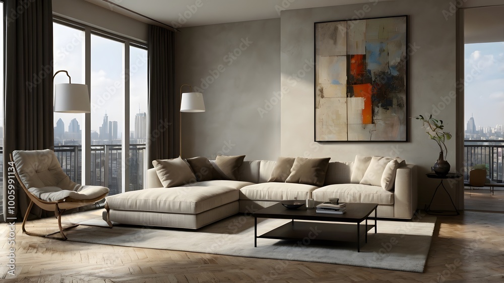 3D modern living room with cityscape view. Created using generative AI tools 3D modern living room with cityscape view. Created using generative AI tools