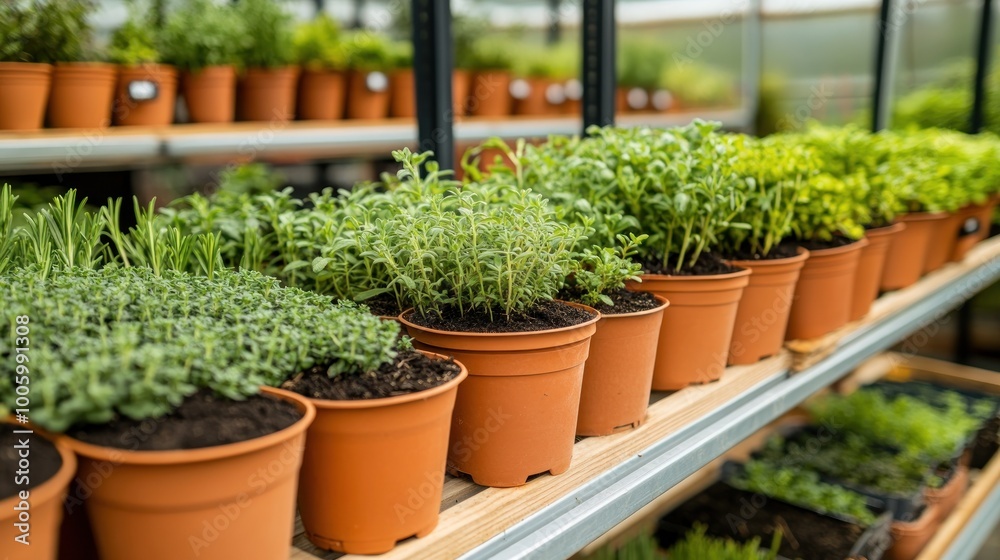A display of potted herbs and plants on shelves in a greenhouse. A display of potted herbs and plants on shelves in a greenhouse.