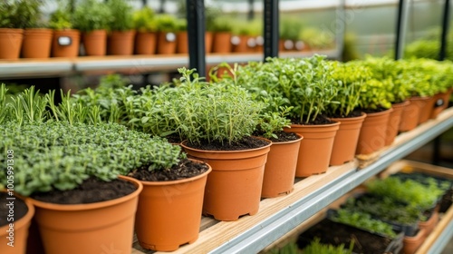 A display of potted herbs and plants on shelves in a greenhouse.