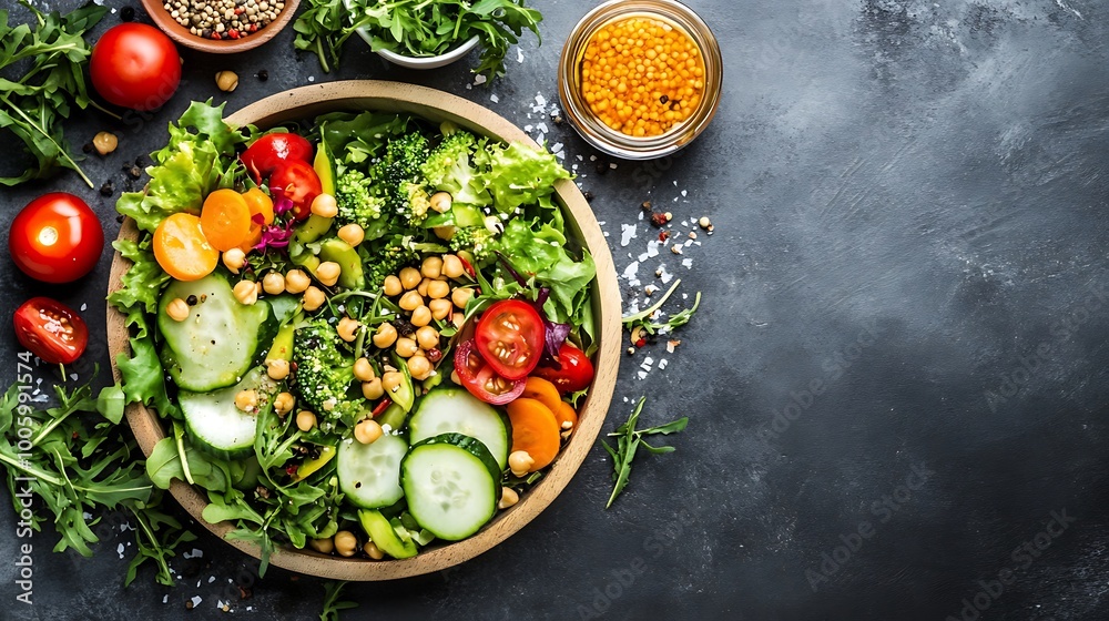 A fresh, crispy garden salad with a variety of colorful vegetables and dressing A fresh, crispy garden salad with a variety of colorful vegetables and dressing