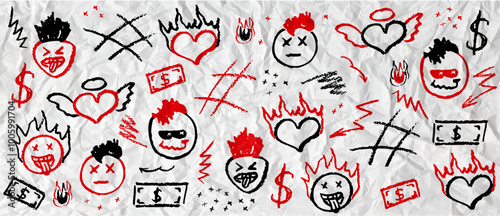 Red and black wax crayon drawing grafitti elements. Marker drawing retro rock elements. Vector charcoal outline symbols cute heart, mohawk hairstyle head, mouth stick out tongue on the crumpled paper.