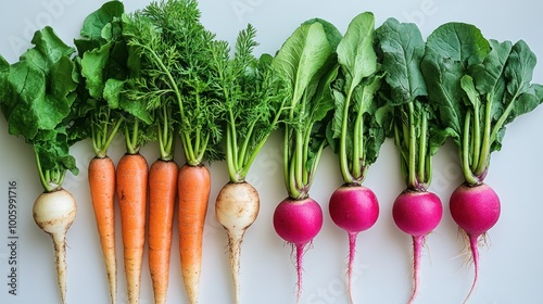 Fresh vegetables including carrots, radishes, and turnips with leafy greens on display.