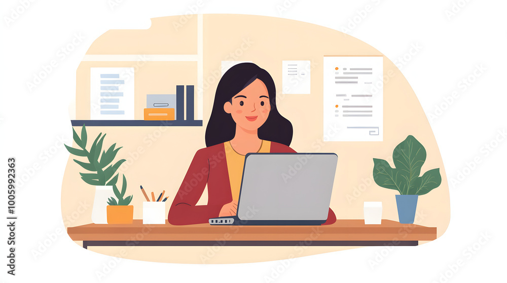 Happy Female Asian woman working from home, Woman work remotely at home office, concept for modern and digital work like digitalnomads, illustration Happy Female Asian woman working from home, Woman work remotely at home office, concept for modern and digital work like digitalnomads, illustration