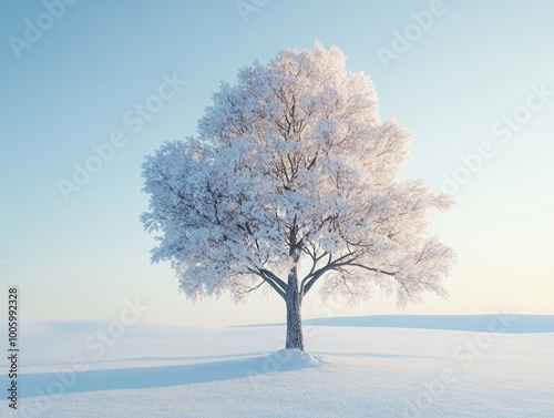 Snowy landscape with lone tree