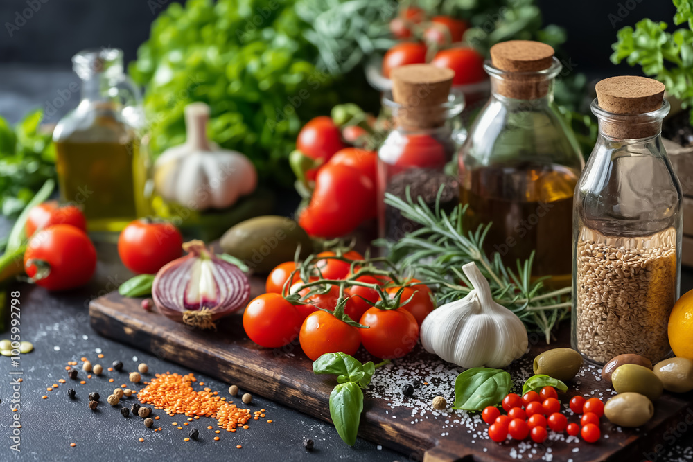 An assortment of vibrant vegetables, aromatic herbs, and bottles of oil are artfully displayed on a wooden board, ready for meal preparation in a warm kitchen ambiance An assortment of vibrant vegetables, aromatic herbs, and bottles of oil are artfully displayed on a wooden board, ready for meal preparation in a warm kitchen ambiance