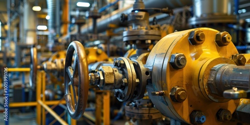 A close-up of the machinery inside a power plant, with pipes, valves, and industrial equipment