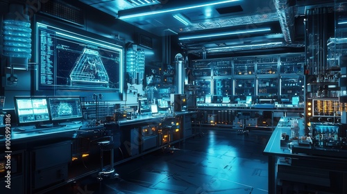 Futuristic lab interior showcasing advanced technology and blue lighting, perfect for science and innovation themes.