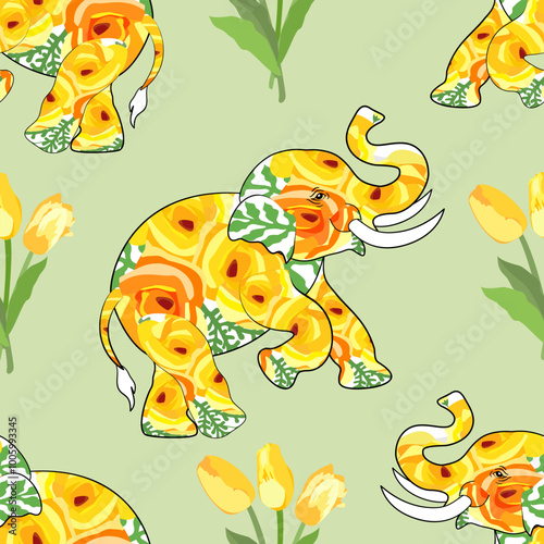 Vibrant floral elephant pattern with yellow and orange blooms on a soft green background. Perfect for textile design, home décor, and nature-themed artwork.
