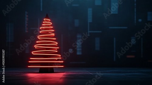 Futuristic neon Christmas tree with red light