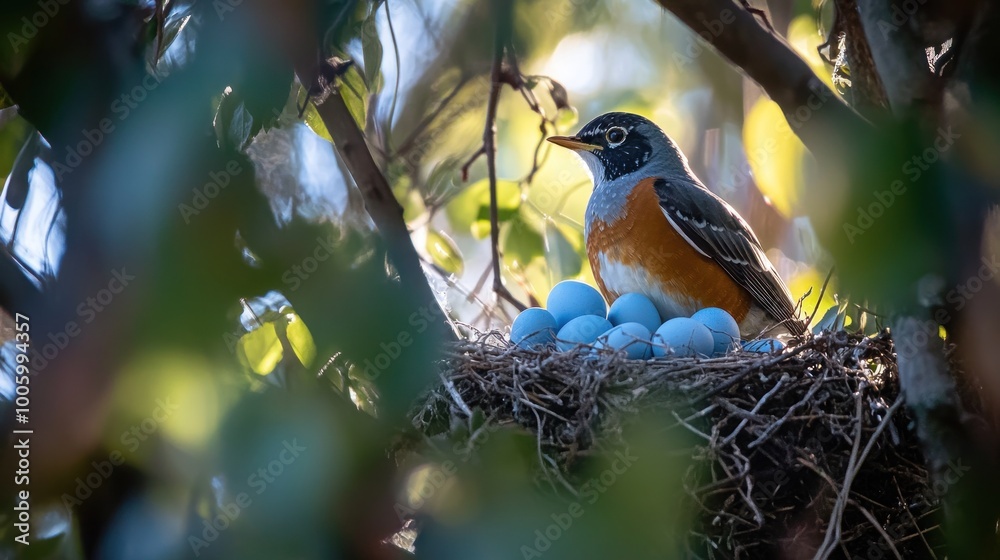 Obraz premium A bird sits on a nest with blue eggs, surrounded by greenery, highlighting nature's beauty.