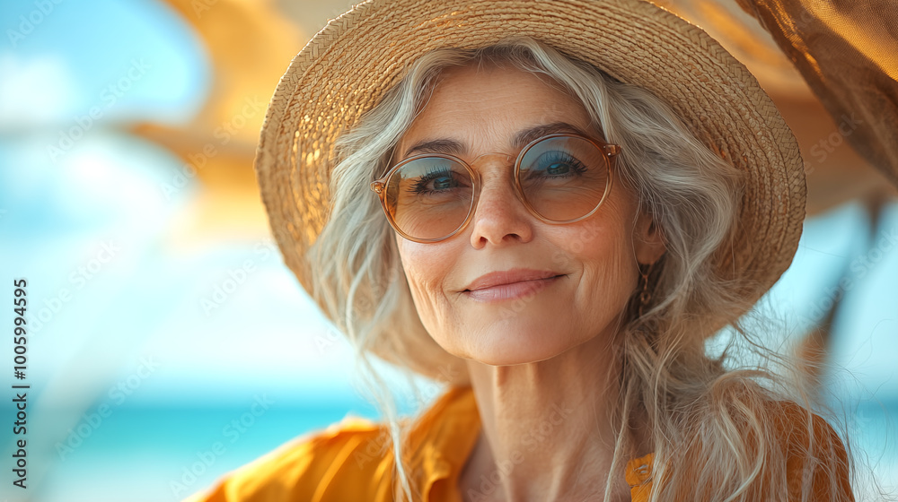 Portrait of beautiful mature woman in hat and sunglasses on yacht deck ...