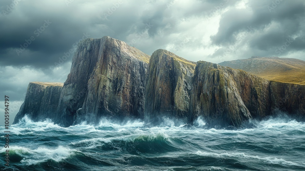 A rocky island with steep cliffs rising from the ocean, surrounded by rough waves and stormy skies. A rocky island with steep cliffs rising from the ocean, surrounded by rough waves and stormy skies.